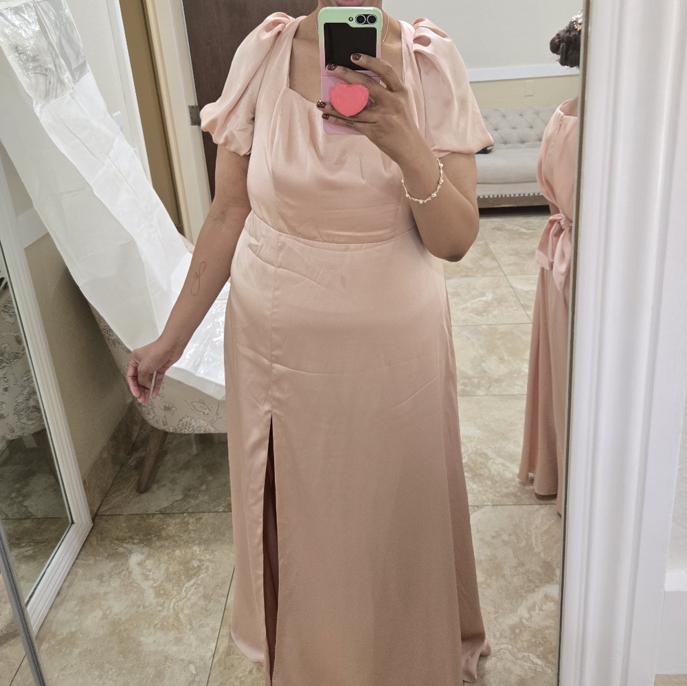 Azazie Rose Gold Puff Sleeve Maxi Dress